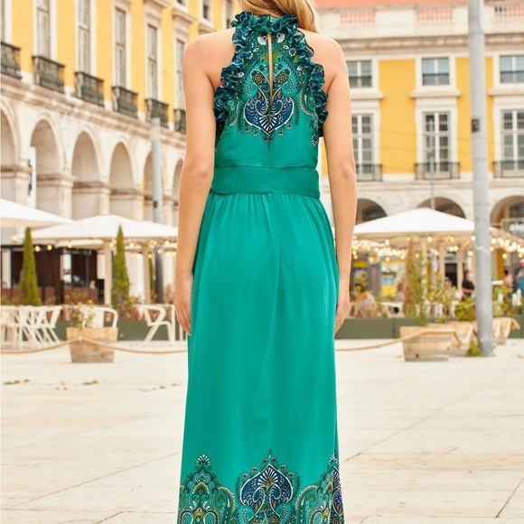 Boston Proper Green and Blue Multi Paisley Ruffle High Neck Maxi Dress - Picture 3 of 7